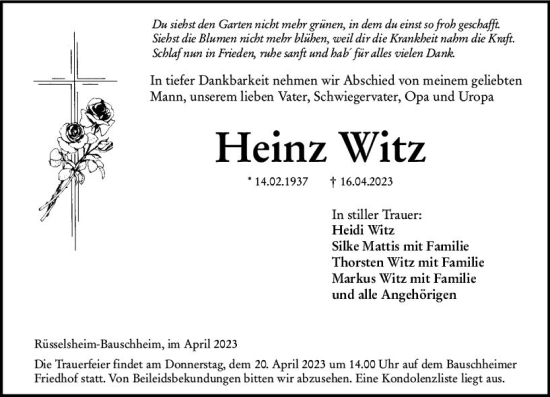 Traueranzeige von Heinz Witz von Rüsselsheimer Echo