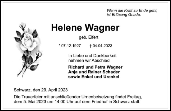 Traueranzeige von Helene Wagner von VRM Trauer