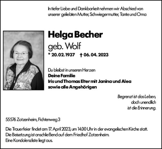 Traueranzeige von Helga Becher von Allgemeine Zeitung Bingen/Ingelheim