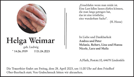 Traueranzeige von Helga Weimar von Darmstädter Echo