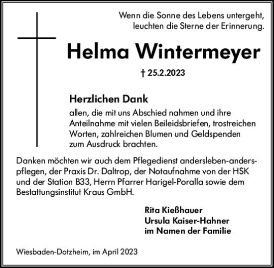 Traueranzeige von Helma Wintermeyer von Wiesbadener Kurier
