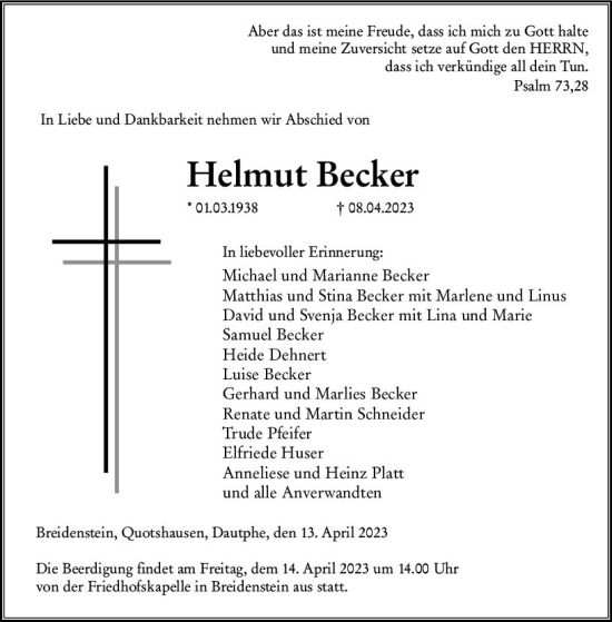 Traueranzeige von Helmut Becker von Hinterländer Anzeiger