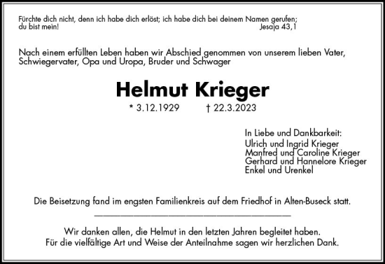 Traueranzeige von Helmut Krieger von Wetzlarer Neue Zeitung