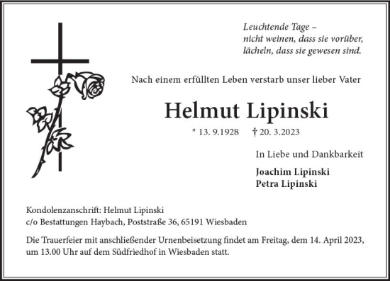 Traueranzeige von Helmut Lipinski von Wiesbadener Kurier