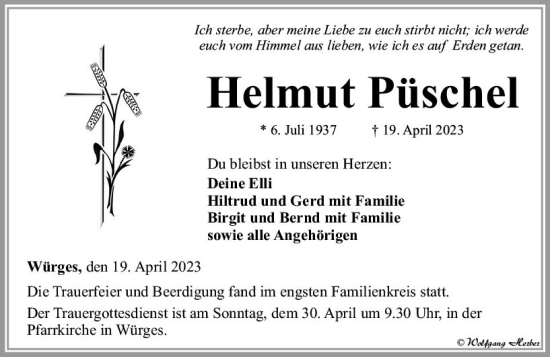 Traueranzeige von Helmut Püschel von Camberger Anzeiger