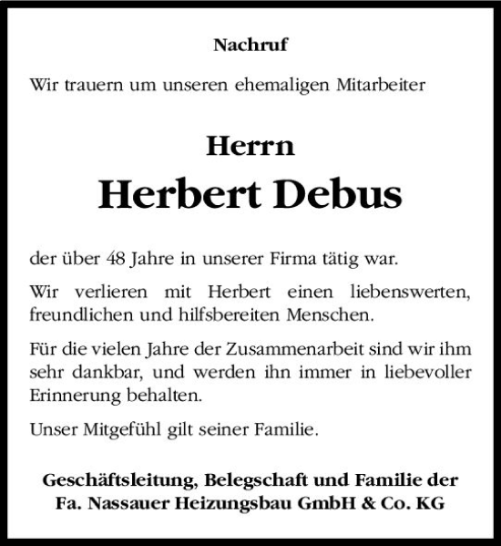 Traueranzeige von Herbert Debus von Hinterländer Anzeiger