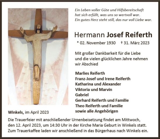 Traueranzeige von Hermann Josef Reiferth von Weilburger Tageblatt