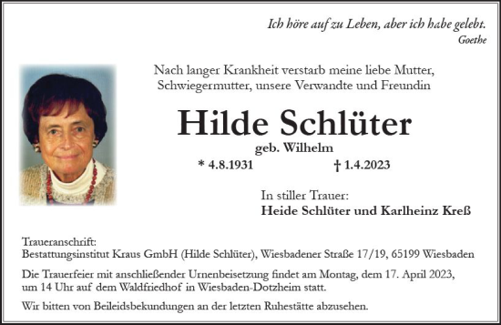 Traueranzeige von Hilde Schlüter von Wiesbadener Kurier