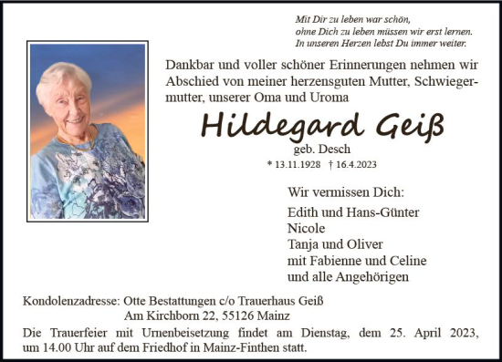 Traueranzeige von Hildegard Geiß von Allgemeine Zeitung Mainz