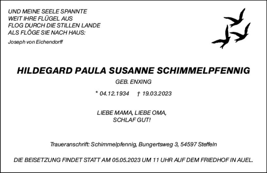 Traueranzeige von Hildegard Paula Susanne Schimmelpfennig von Darmstädter Echo