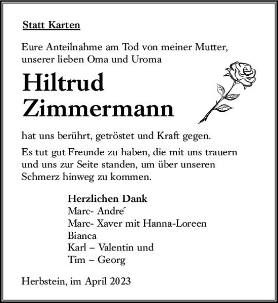 Traueranzeige von Hiltrud Zimmermann von VRM Trauer