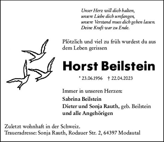 Traueranzeige von Horst Beilstein von Darmstädter Echo