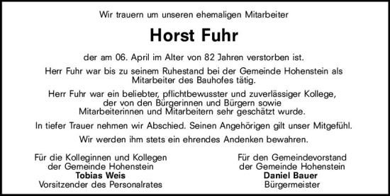 Traueranzeige von Horst Fuhr von Idsteiner Land/Untertaunus