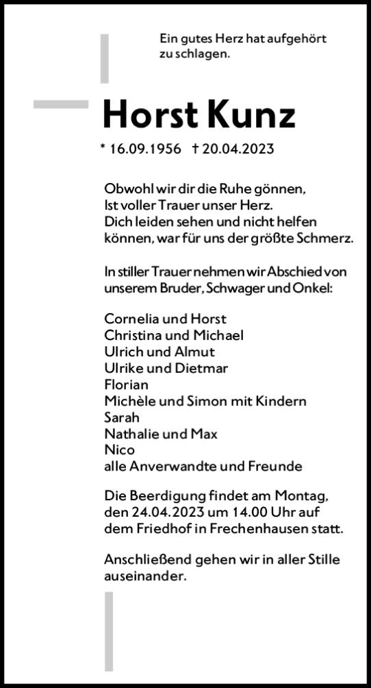 Traueranzeige von Horst Kunz von Hinterländer Anzeiger