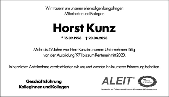 Traueranzeige von Horst Kunz von Hinterländer Anzeiger