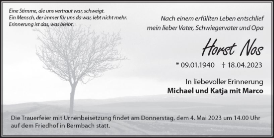 Traueranzeige von Horst Nos von Camberger Anzeiger