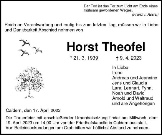 Traueranzeige von Horst Theofel von Hinterländer Anzeiger