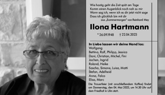 Traueranzeige von Ilona Hartmann von Wetzlarer Neue Zeitung