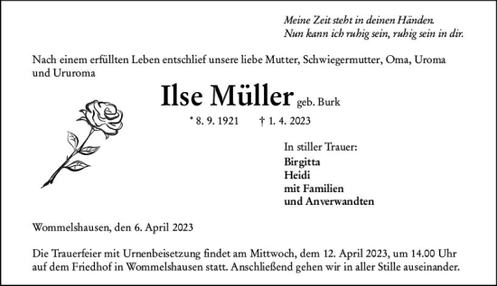 Traueranzeige von Ilse Müller von Hinterländer Anzeiger