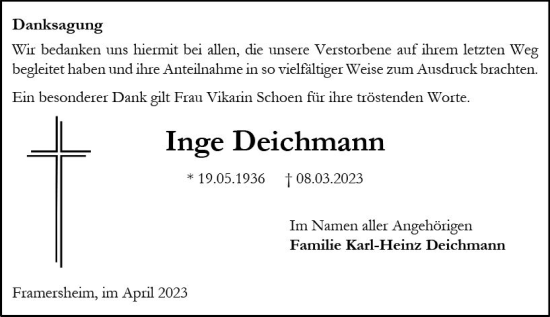 Traueranzeige von Inge Deichmann von Allgemeine Zeitung Alzey