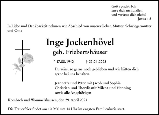 Traueranzeige von Inge Jockenhövel von Hinterländer Anzeiger