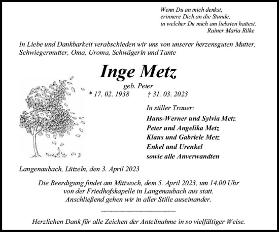 Traueranzeige von Inge Metz von Dill Block