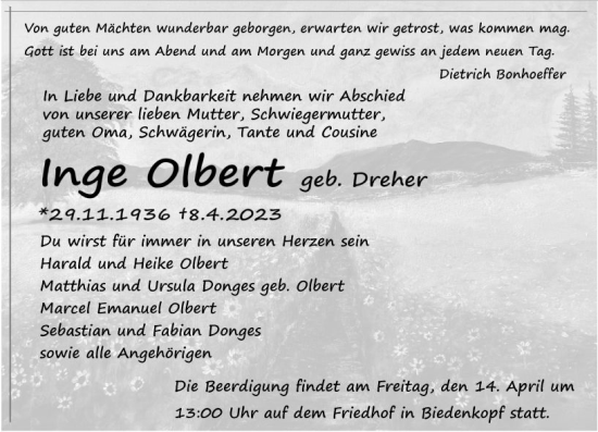 Traueranzeige von Inge Olbert von Hinterländer Anzeiger