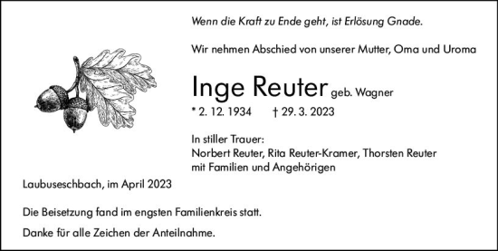 Traueranzeige von Inge Reuter von Weilburger Tageblatt