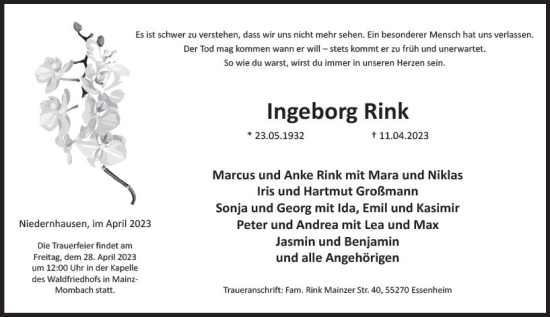 Traueranzeige von Ingeborg Rink von Wiesbadener Kurier