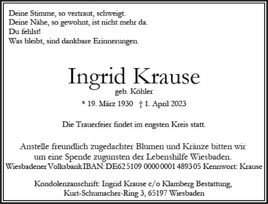 Traueranzeige von Ingrid Krause von Wiesbadener Kurier