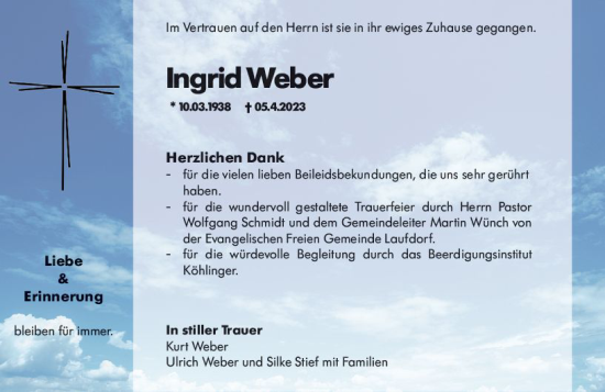Traueranzeige von Ingrid Weber von Wetzlarer Neue Zeitung