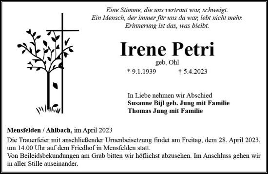 Traueranzeige von Irene Petri von Nassauische Neue Presse