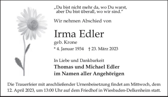 Traueranzeige von Irma Edler von Wiesbadener Kurier
