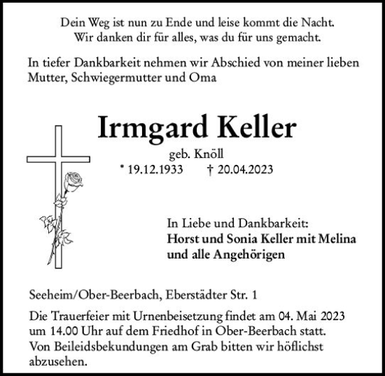 Traueranzeige von Irmgard Keller von Darmstädter Echo