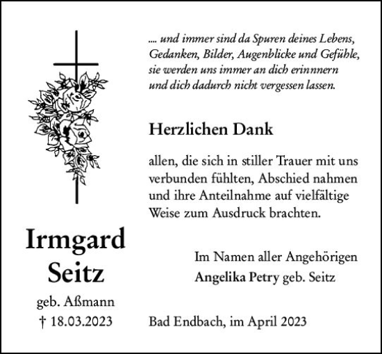Traueranzeige von Irmgard Seitz von Hinterländer Anzeiger