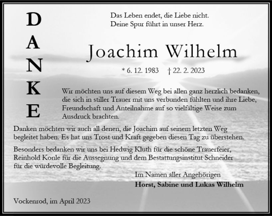 Traueranzeige von Joachim Wilhelm von Oberhessen Kurier