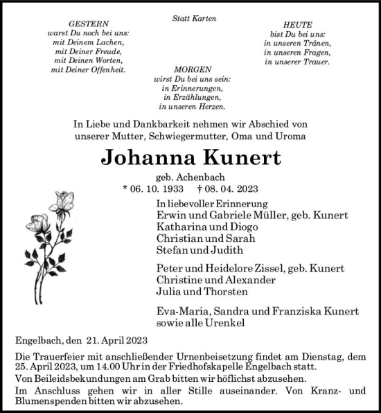 Traueranzeige von Johanna Kunert von Hinterländer Anzeiger