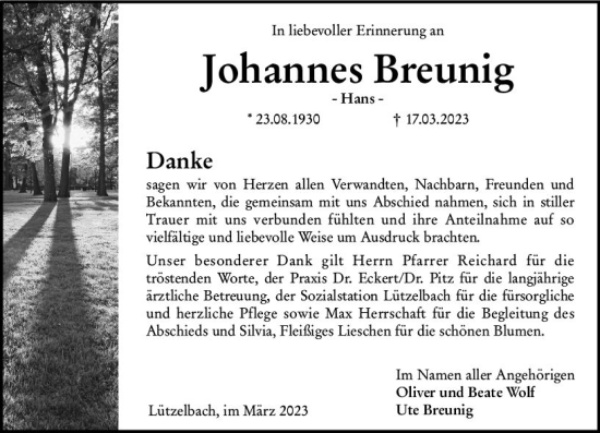 Traueranzeige von Johannes Breunig von Odenwälder Echo