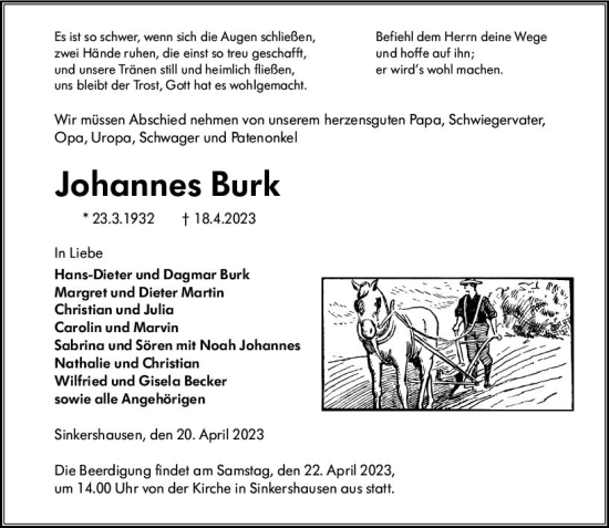 Traueranzeige von Johannes Burk von Hinterländer Anzeiger