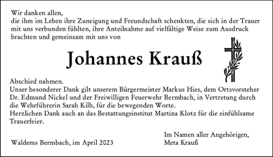 Traueranzeige von Johannes Krauß von Wiesbadener Kurier