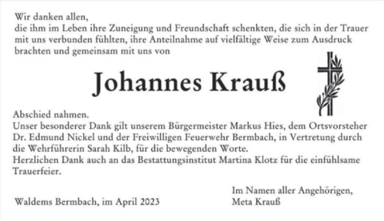 Traueranzeige von Johannes Krauß von Camberger Anzeiger