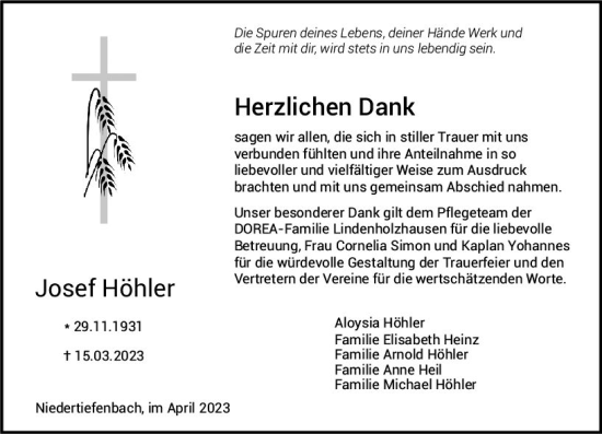 Traueranzeige von Josef Höhler von Nassauische Neue Presse
