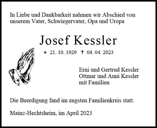 Traueranzeige von Josef Kessler von Allgemeine Zeitung Mainz