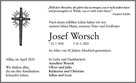 Traueranzeige von Josef Worsch von Wetzlarer Neue Zeitung