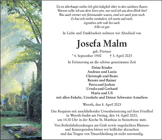 Traueranzeige von Josefa Malm von Nassauische Neue Presse