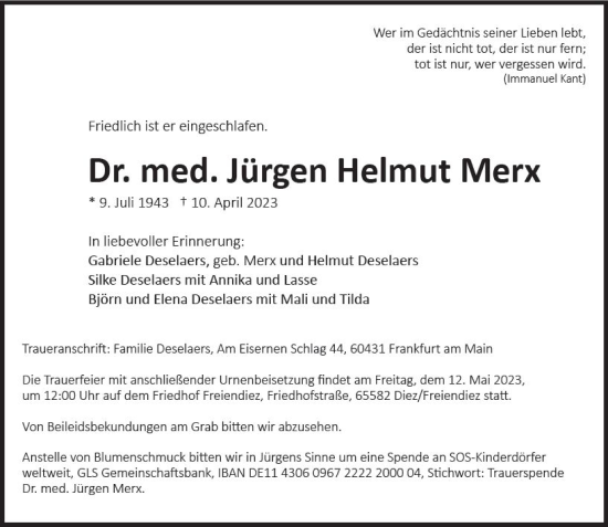 Traueranzeige von Jürgen Helmut Merx von Wiesbadener Kurier