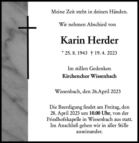 Traueranzeige von Karin Herder von Dill Block
