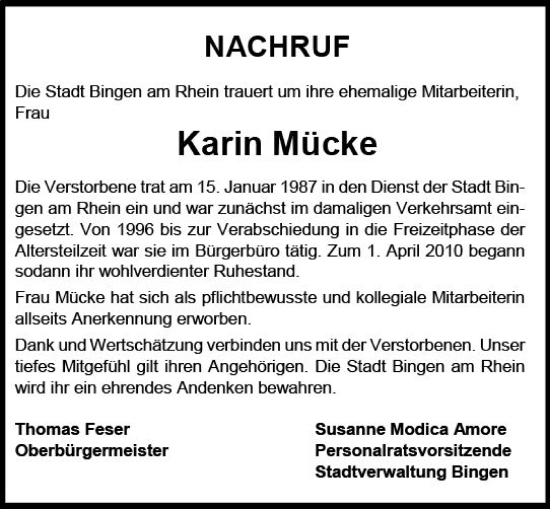 Traueranzeige von Karin Mücke von Allgemeine Zeitung Bingen/Ingelheim