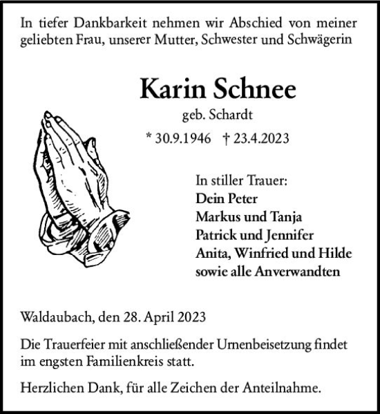 Traueranzeige von Karin Schnee von Dill Block