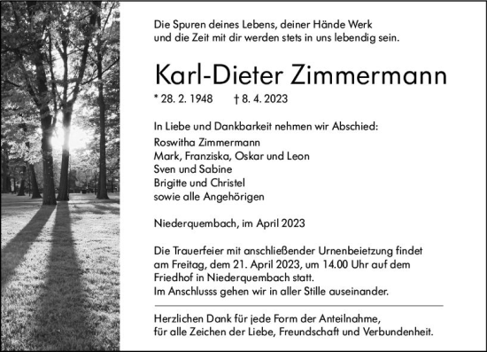Traueranzeige von Karl-Dieter Zimmermann von Wetzlarer Neue Zeitung